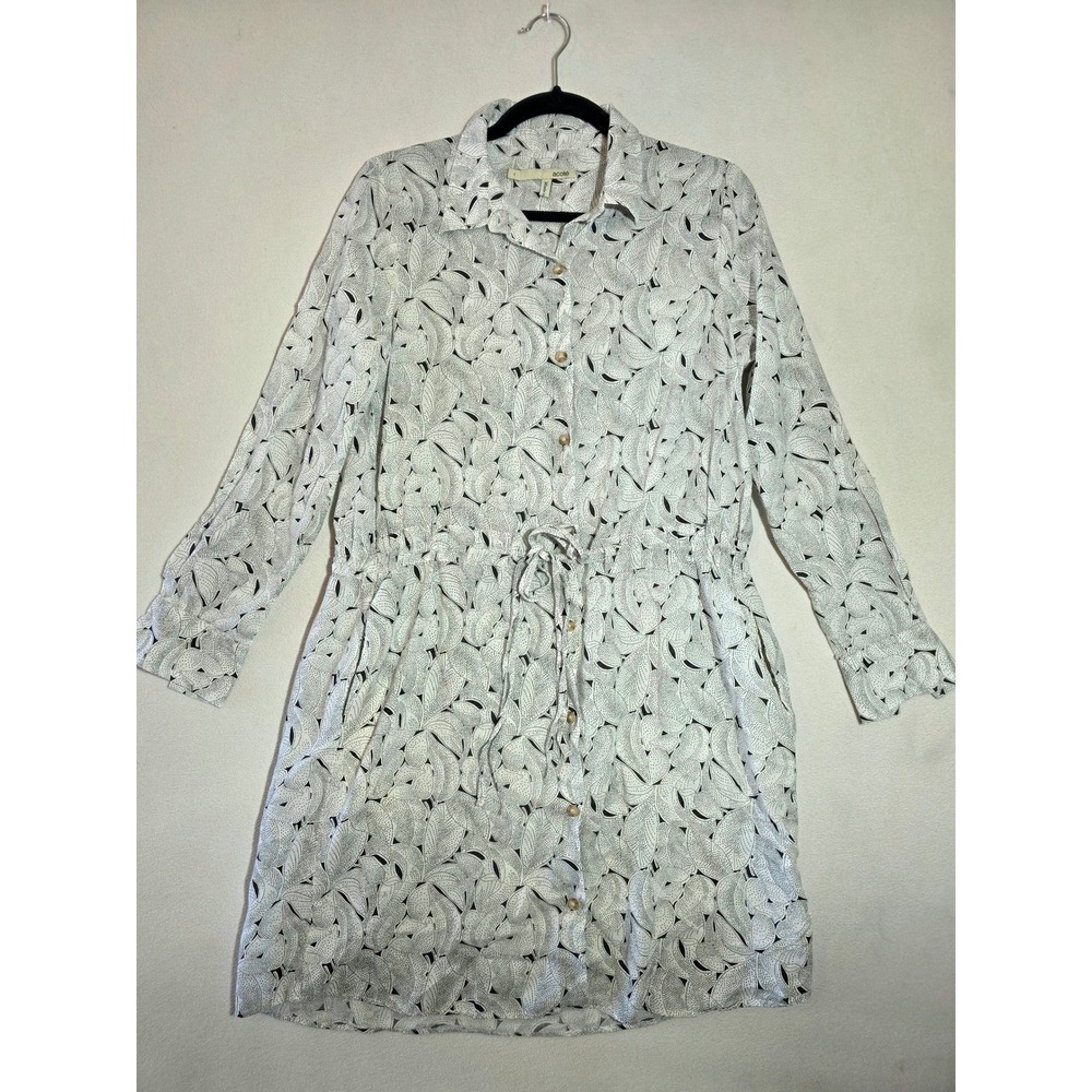 Acote Women Black White Abstract Leaf Print Cotton Button Front Shirt Dress Sz 1